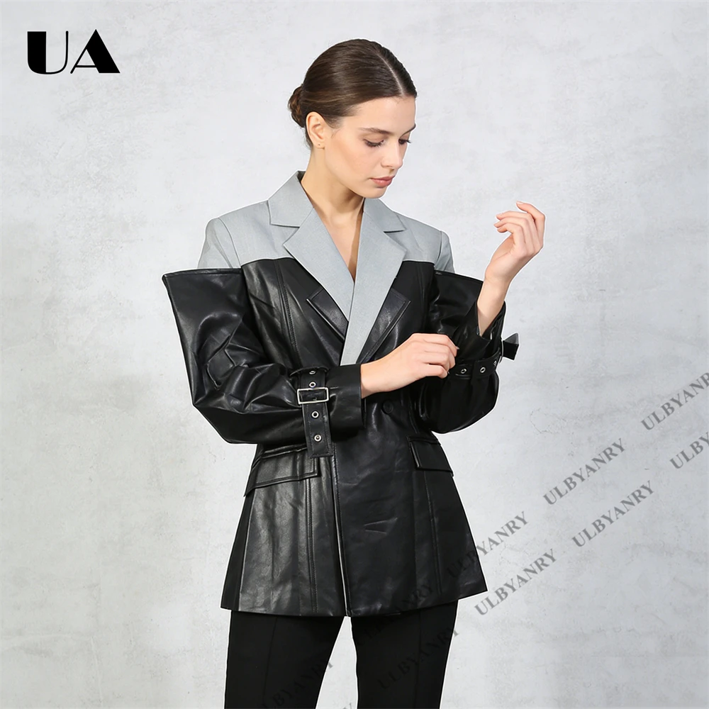 ULBYANRY Colorblock Faux Leather Blazer with Notch Lapel Cuff Straps for Street Style Fashion Week Suit Jacket Club Night Blazer