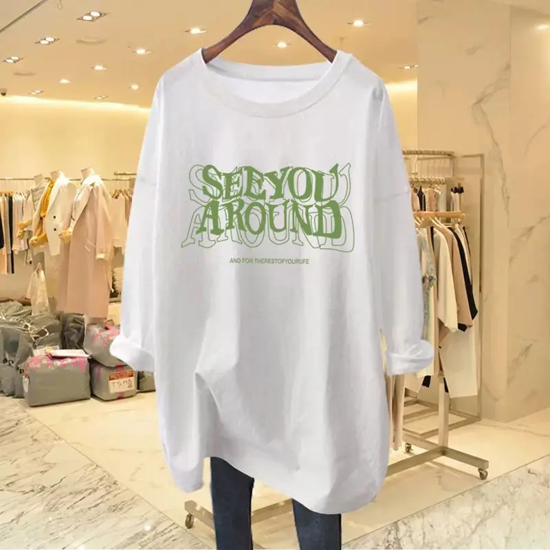 Fashion Printing Letter Cotton Mid Length Version T-shirt Women Classic Long Sleeve O-collar Loose All-match Korean Casual Top