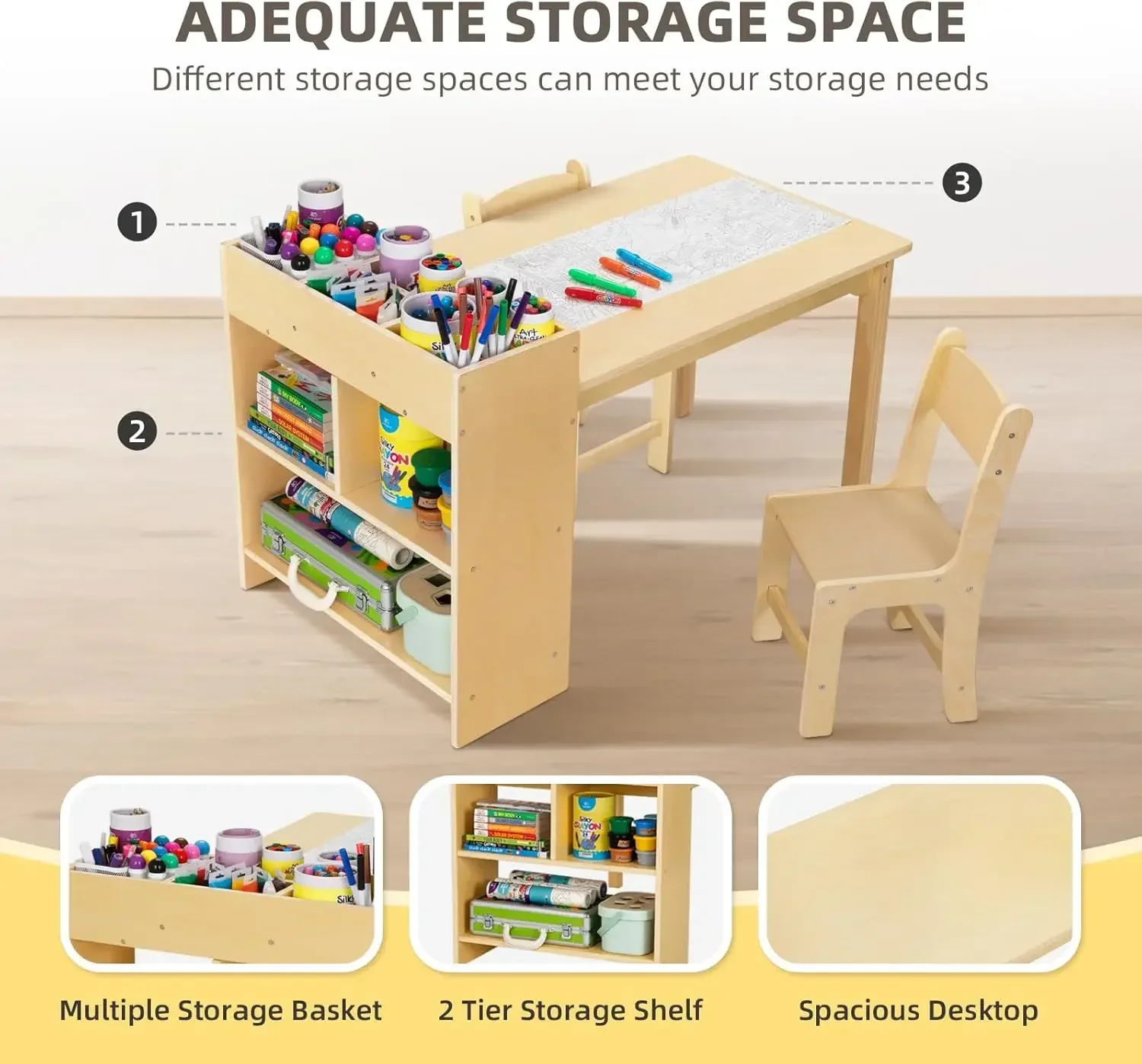 Wood Activity Table And Two Chairs Toddler Play Desk With Large Storage Shelves For Classrooms Playrooms Writing Drawing