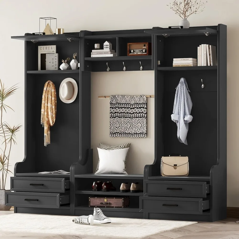 

Wide Hall Tree With Storage Bench, Wood Coat Rack With Cabinet And 7 Hooks, Mudroom Organizer With Shoes Storage Cubbies For Ent