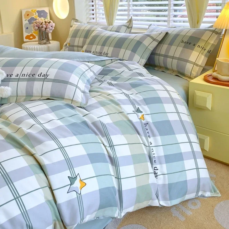 3Pcs Simple Plaid Duvet Cover Set Checkered Quilt Cover with 2 Pillowcases Soft Comfortable Bedding Set for Teen Boys Girls