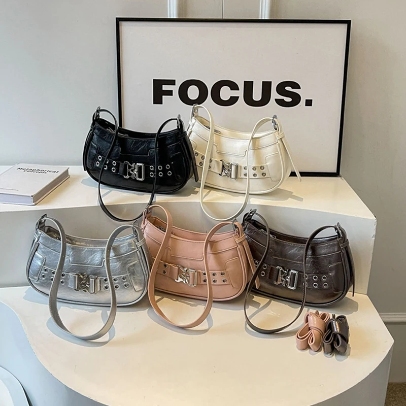 Korean Vintage Crescent Armpit Bag Women Casual Rivet Motorcycle Bag Fashion Texture Handbag Leather Zip Stylish Shoulder Bag