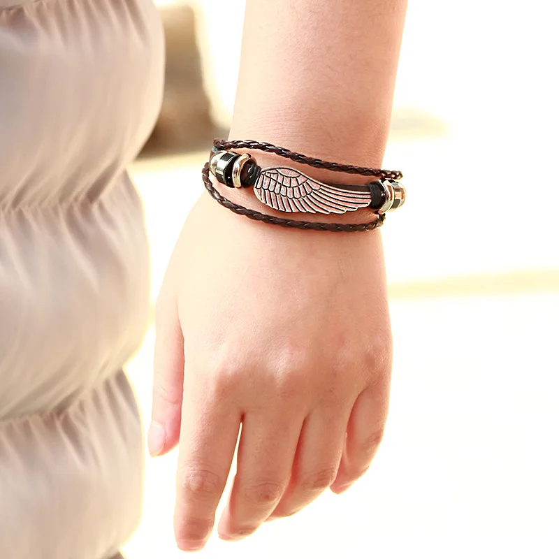 angel bracelet Multilayer Bracelet Men Casual Braided Leather Bracelets Women Wood Bead Bracelet Punk Rock Jewelry Pulseira