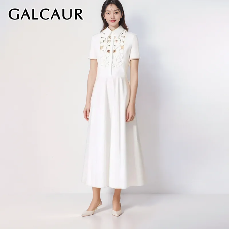 

GALCAUR Minimalist Patchwork Appliques Dresses For Women Lapel Short Sleeve High Waist Hollow Out Temperament Maxi Dress Female