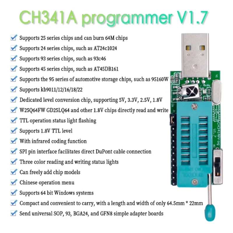 CH341A programador V1.7 1,8 V cambio de nivel W25Q64FW W25Q128FW Gd25LQ64