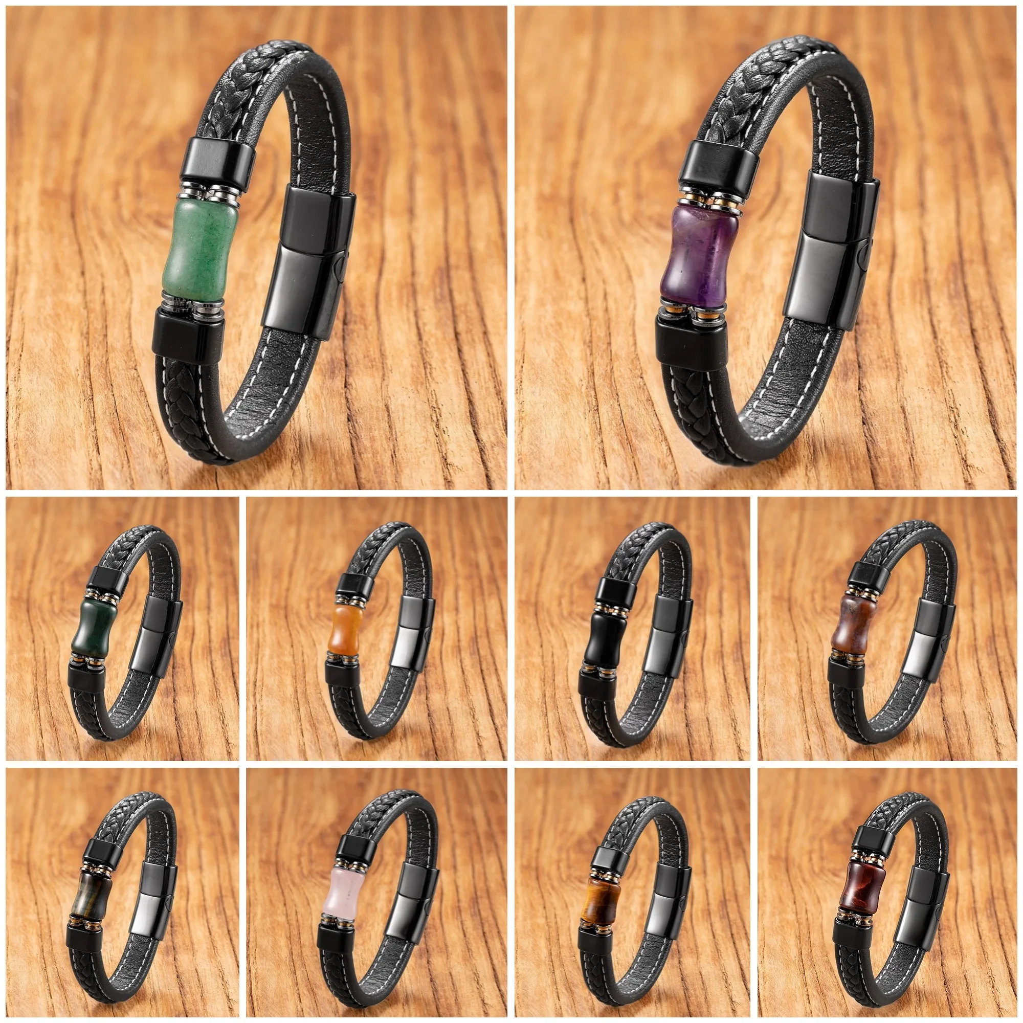 Vintage-Armband aus Achatstein, handgefertigt mit Lederband, einzigartiger Unisex-Boho-Schmuck für den täglichen Gebrauch. – Detail 2