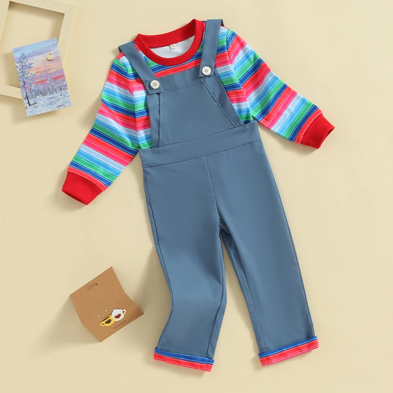 Baby Girls 2Pcs Fall Clothes Set Long Sleeve Striped Print Tops Pullover and Suspender Overall Pants Casual Cosplay Costume Suit