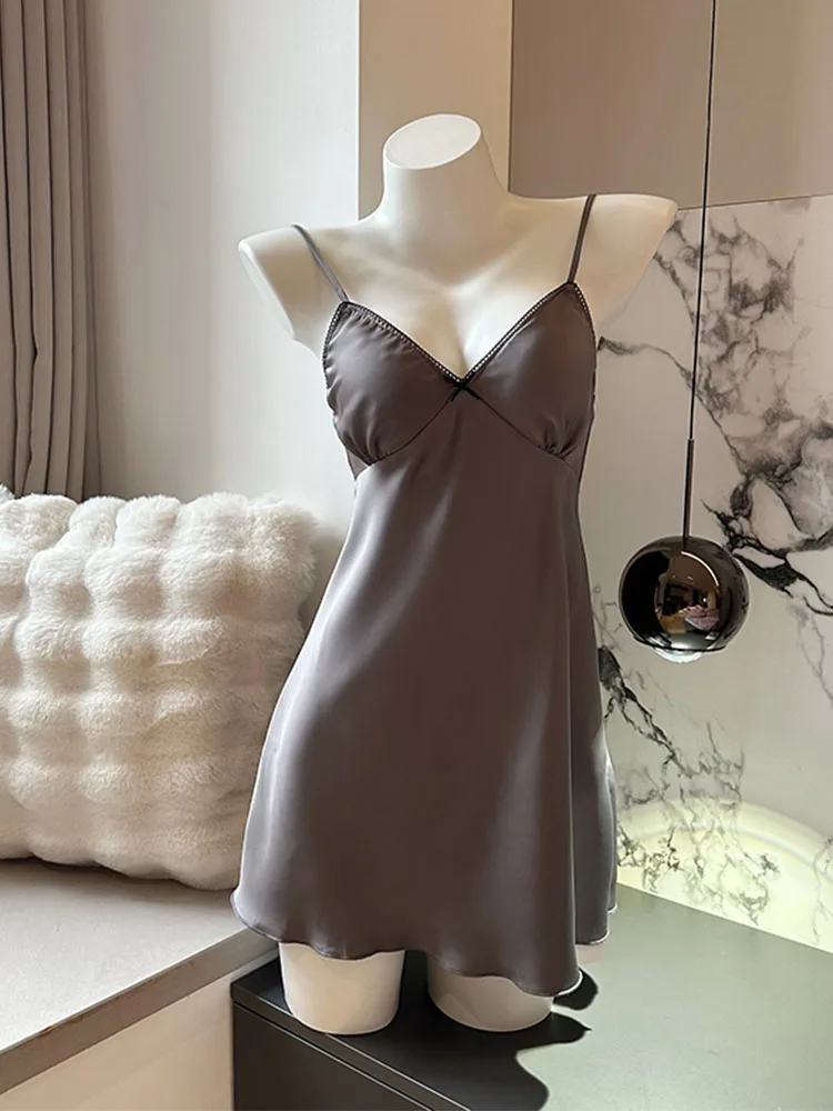 

Party Prom Satin Dress Solid Casual Sexy Fashion Woman Chic V-Neck Spaghetti Strap Dress Casual Prom Gown Grey Coquette 2000s