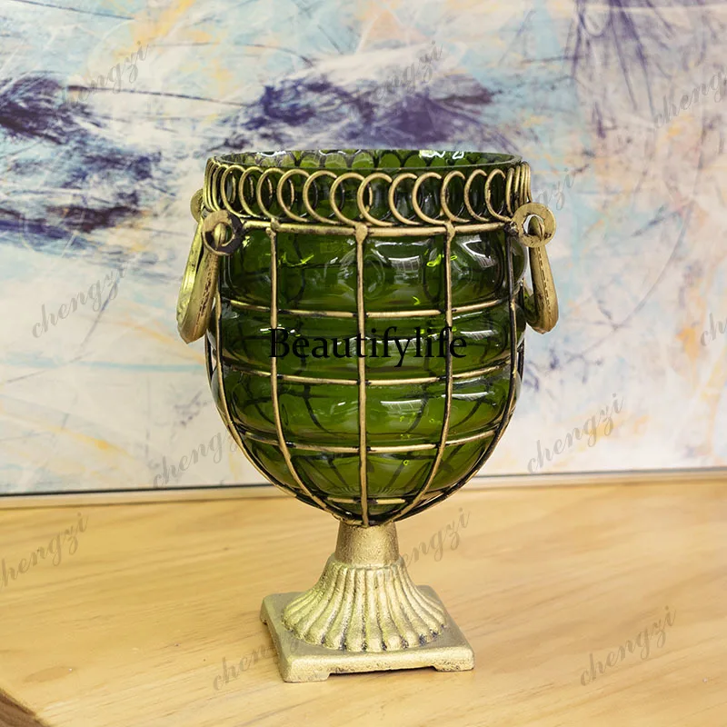 Creative European retro wrought iron blown glass vase antique countertop ornament vase decoration