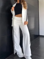 Autumn New Elegant Office Lady Suit 2025 Fashion Lapel No Buckle Blazer Striped Side Split Straight Trousers Two Piece Set Woman
