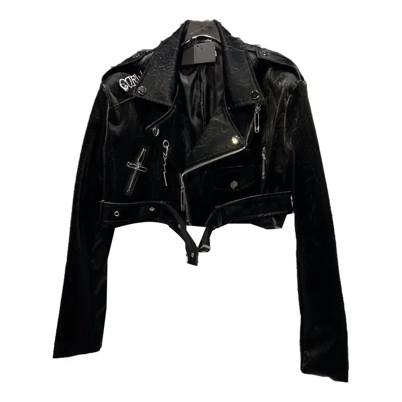 Blouson automne cuir PU femme, court, punk, moto, chic, gothique, brillant, lettre brodée, 2023