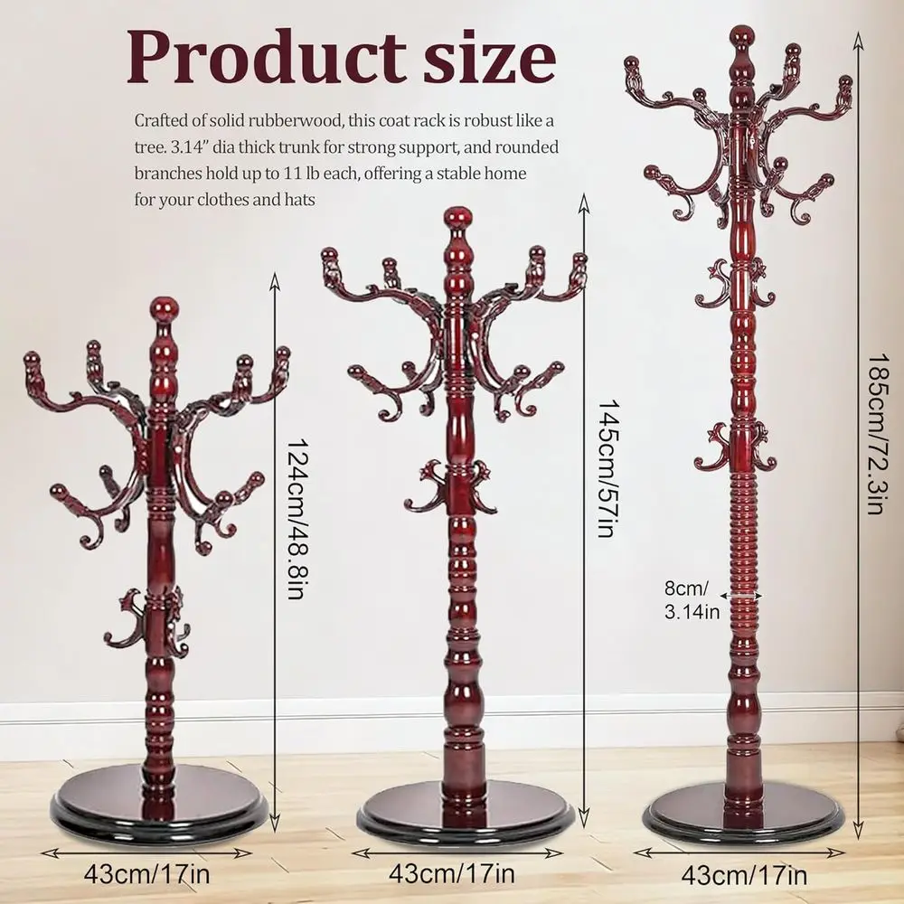 رف معطف عتيق قائم بذاته، حامل رف معطف مع 18 خطافًا وقاعدة خشبية صلبة مستديرة قوية، ثلاثة مستويات قابلة للتعديل لغرفة النوم #3