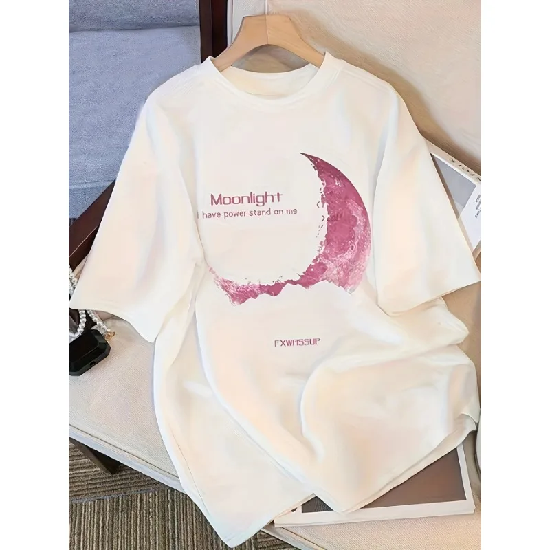 

Beautiful Moonlight Printing T-Shirts Womens Summer Tops Comfortable O-Neck Over Sized Short Sleeve Casual Womans Clothes Summer