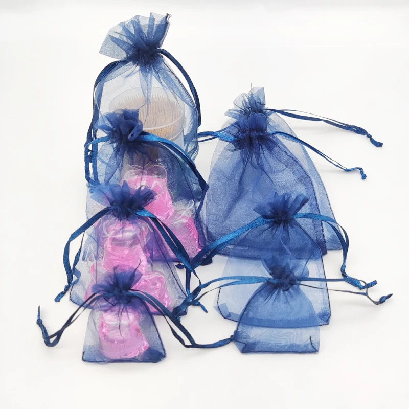 100pcs Navy Blue Organza Gift Bags Drawstring Pouch Gift Bag Organza Pouch Bag for Jewelry Storage Packaging Pouches Sachet Bags