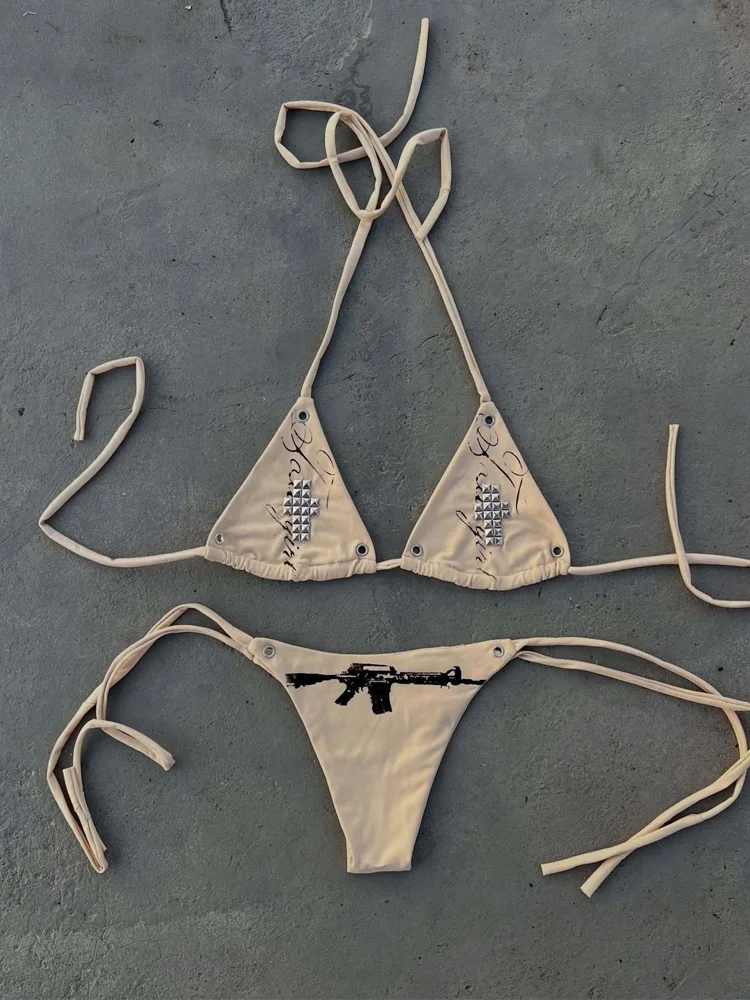 Women's Y2K Gothic Beige Strap Bikini High Waist Side Strap Two Piece Swimsuit Fashion Beach Pool Resort Set