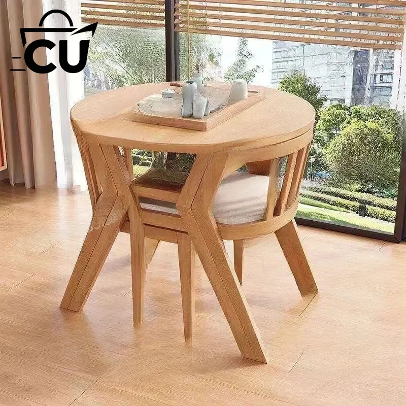 Solid Wood Balcony Leisure 3-Piece Set Round Small Tea Table with 1 Table 2 Chairs Combination Indoor Patio Furniture