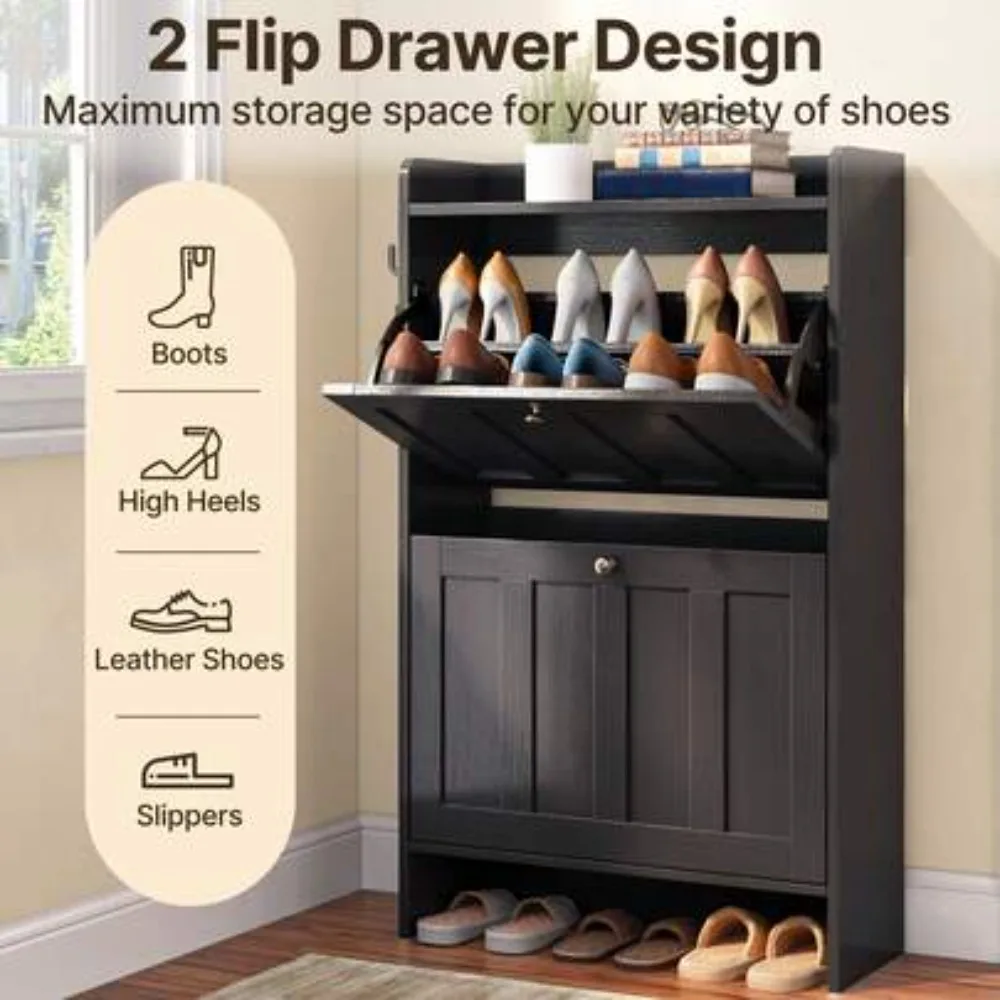 Shoe Cabinet With 2 Flip Drawers, Shoe Organizer Storage For Entryway, Freestanding Narrow Rack Cabinet With Space-Saving Design, For Hallway Closet Bedroom, Black view 4