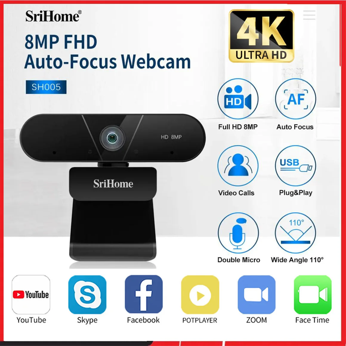 

Srihome 4K FHD 8MP Webcam With Dual Microphone Auto Focus, USB Plug&Play For Vdeo Conference, Live Network,Distance Learning