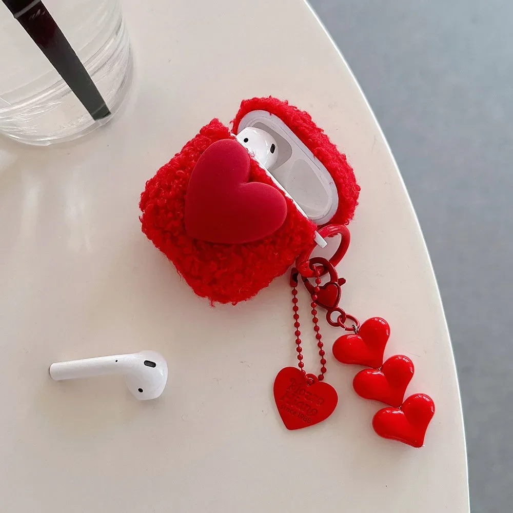 

Красный волокнистый плюшевый 3D Love Мягкий чехол для наушников из ТПУ для AirPods 1 2 3 4 Pro 2, силиконовый защитный чехол, роскошная подвеска-цепочка в форме сердца