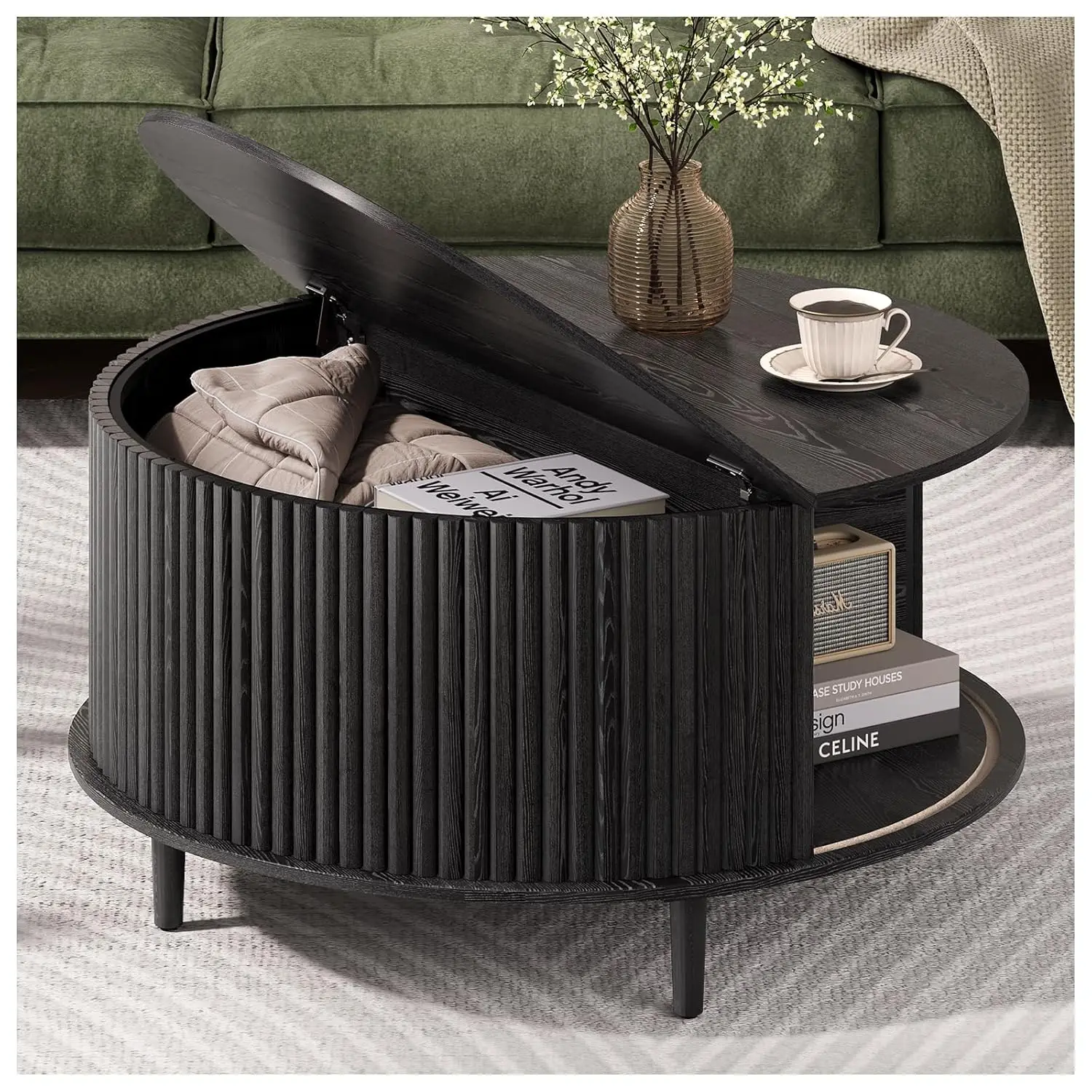 

Черный круглый кофейный столик с местом для хранения, 31,5-дюймовый деревянный стол-барабан, рифленый круглый центральный стол для гостиной, современный, на заказ