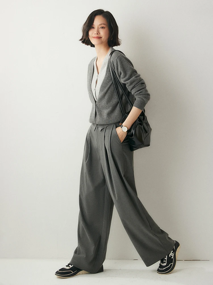 

Chic Women Cashmere V-neck Cardigan Patchwork Sweater 100% Cashmere Fake Two Items Casual Fashion Knitwear Spring Autumn Top