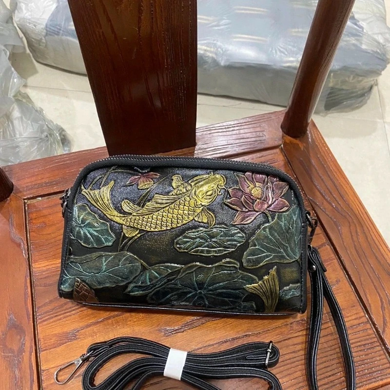 Golden Fish Green Flower PU Leather Black Chinese Style Embossed Koi Fish Lotus Crossbody Shoulder Bag Handbag Purse for Women