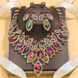 Stonefans Exaggerated Leaf Necklace Earrings Sets Bridal Women Colorful Rhinestone African Jewelry Set Nigerian Wedding Costume