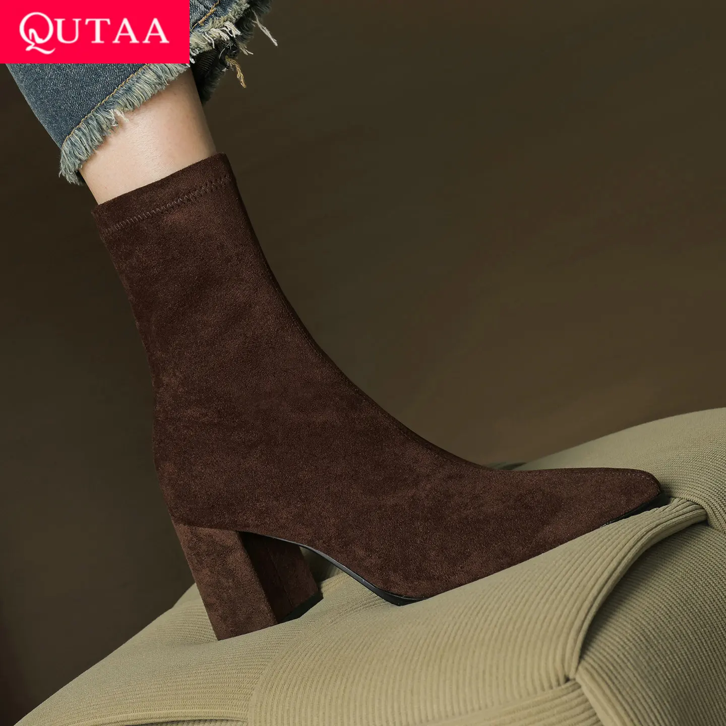 

QUTAA 2026 News Fashion Women Ankle Boots Winter Stretch Boots Autumn Shoes Zipper High Heel Pointed Toe Dress Short Boots 34-40
