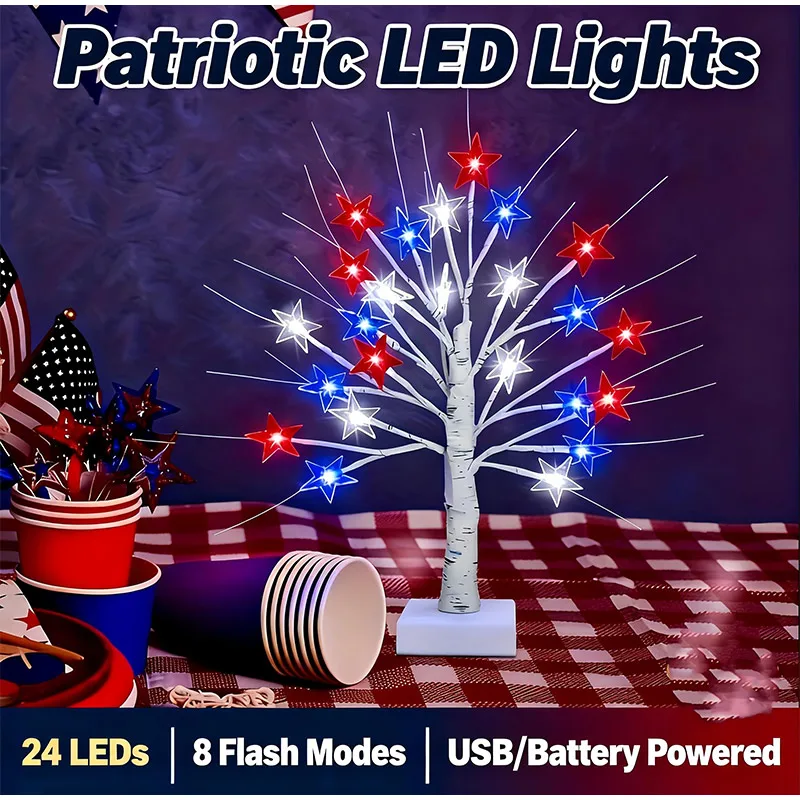 Us National Day Simulation Decorative Tree 24 Led Red White Blue Star Light USB Powered For Use For Parties Or Home Office Desk