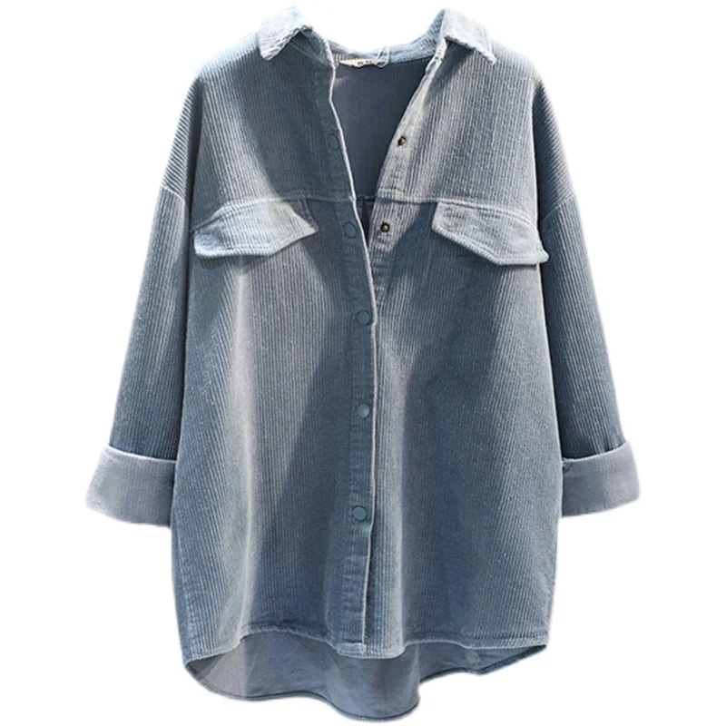 قميص نسائي من قماش الكوردروي السميك من دونغدايمون، فضفاض، ياقة بولو، أكمام طويلة، طول متوسط، نمط كوري، لون واحد، مناسب للخريف...