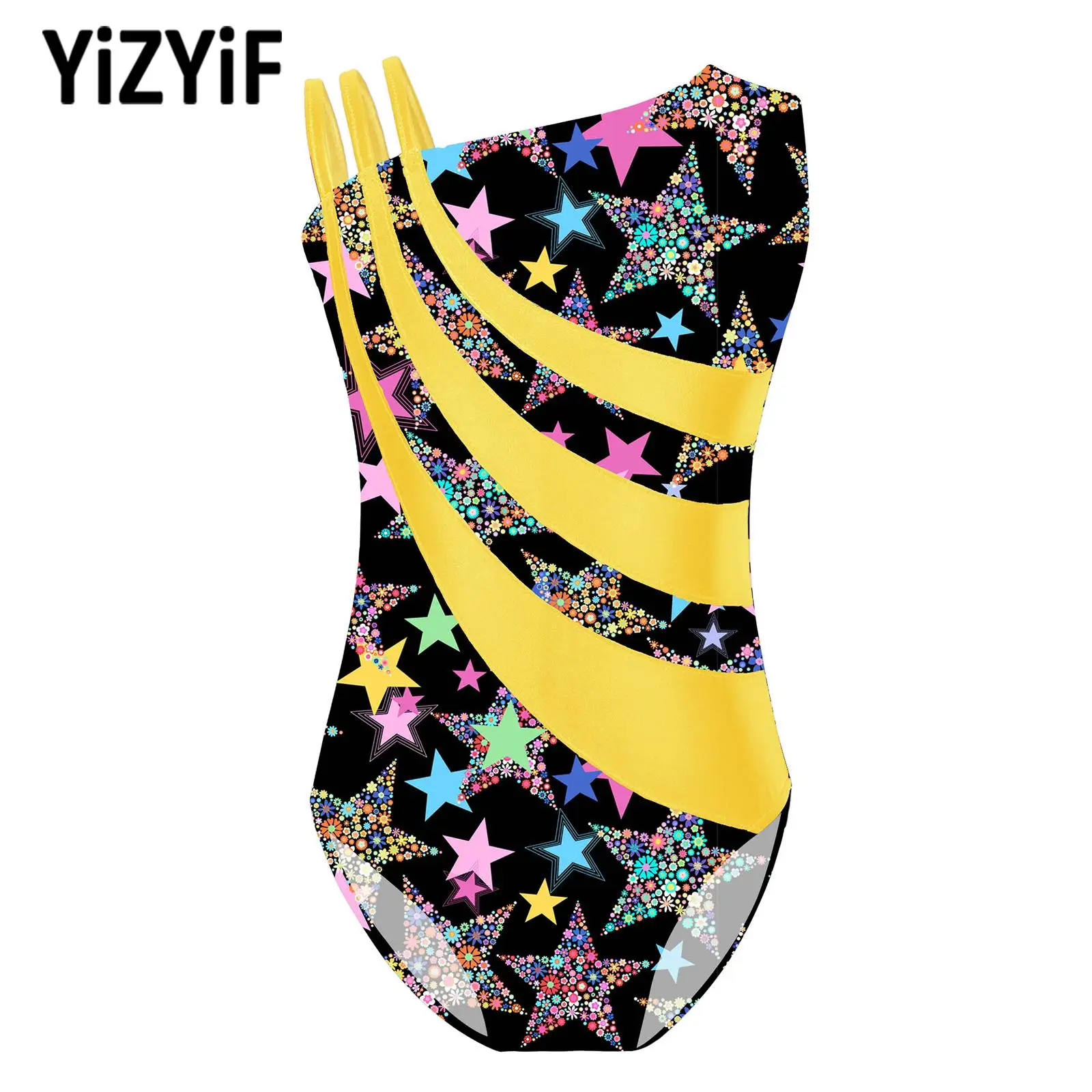 

Kids Girls Metallic Shiny Ballet Leotard Stylish Patchwork Print Bodysuit for Gymnastics Training Swimming Performance Beachwear