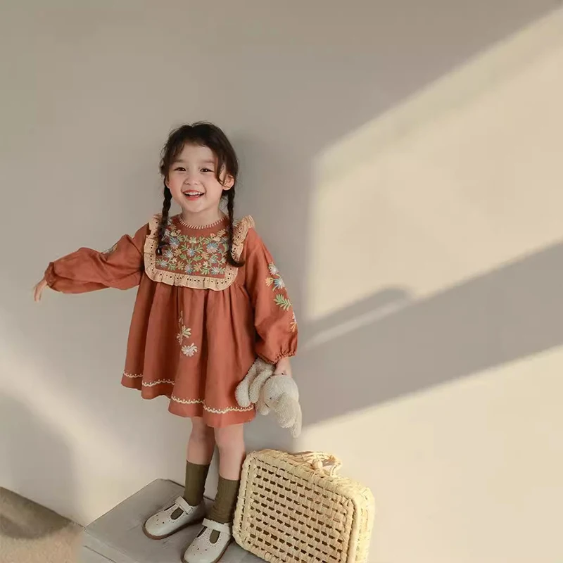 Spring Autumn Girls Dresses Kids Hollow Lace Embroidered Dress Children Vintage Clothing Toddler Girls Princess Dress for 1-7Y