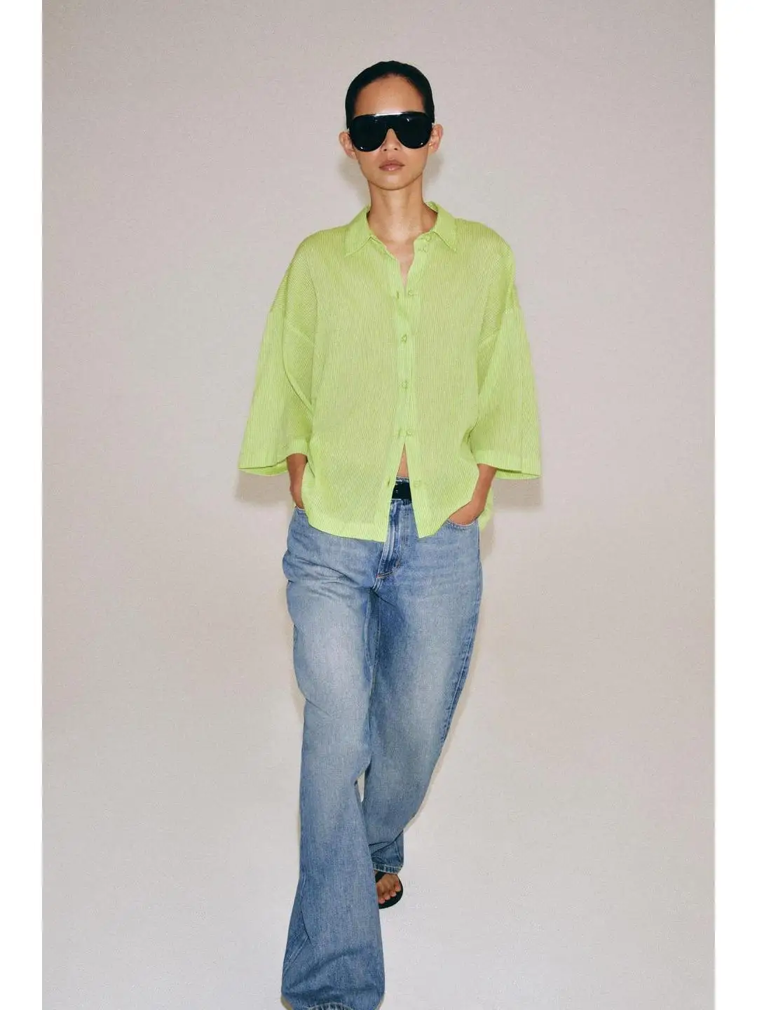 Casual Summer Shirt Women's Straight Tube Seven Sleeve Rope Buckle Closure Loose Fit Breathable Polyester Fiber Flip Collar