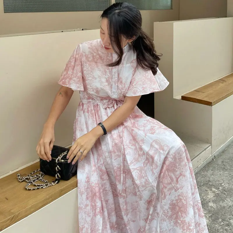 2024 Summer Printed Chiffon Long Maxi Dress donna elegante Vintage Fashion coulisse manica corta colletto alla coreana abiti da donna