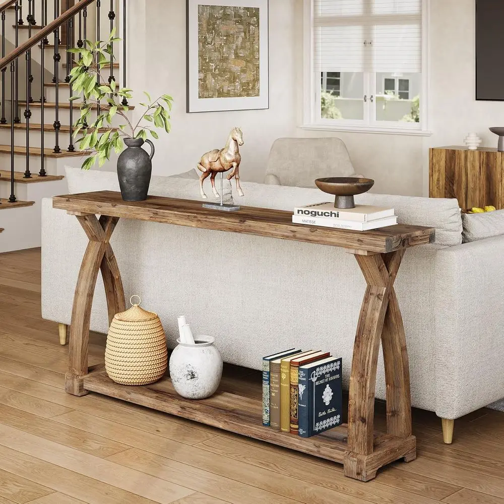 Table d'entrée étroite rustique 63 avec rangement à 2 niveaux pour canapé ou salon