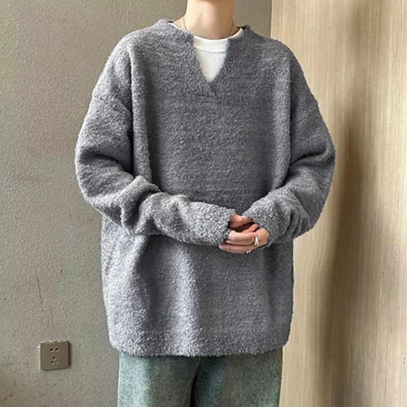 Plain Color Men's Premium V-Neck Knit Sweater Autumn Winter Streetwear Soft Loose Fit Pullover for Luxe Casual Style M-XXXL
