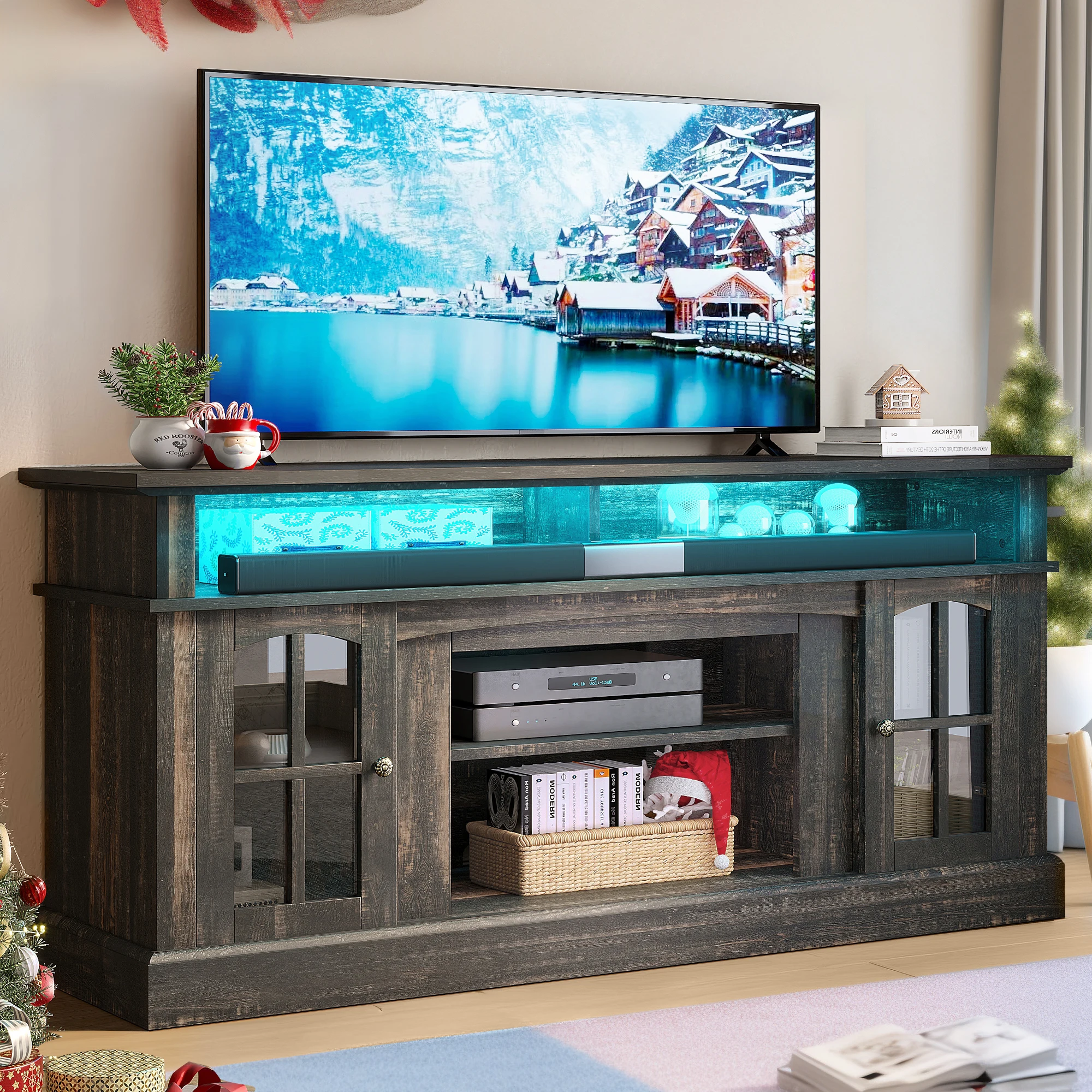 Farmhouse TV Stand for TVs Up to 65 inch Entertainment Center with Power Outlets