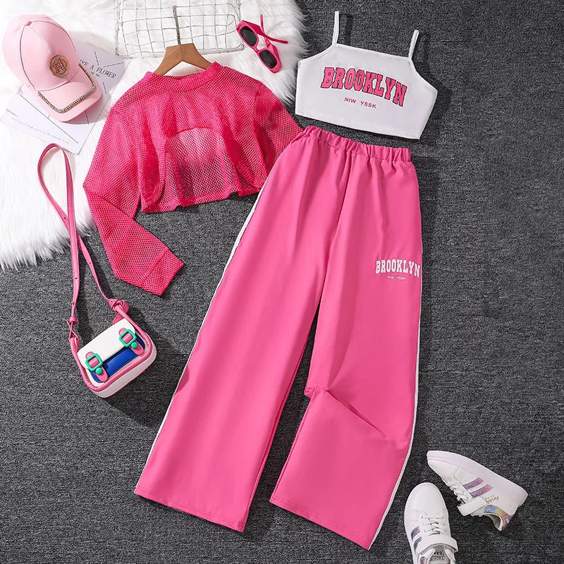 

2024 Clothing Set Girls Long Sleeve Mesh T-shirt Letter Rose Red Pants 3 Pcs Sets Casual Girls Clothes Set 8-12T