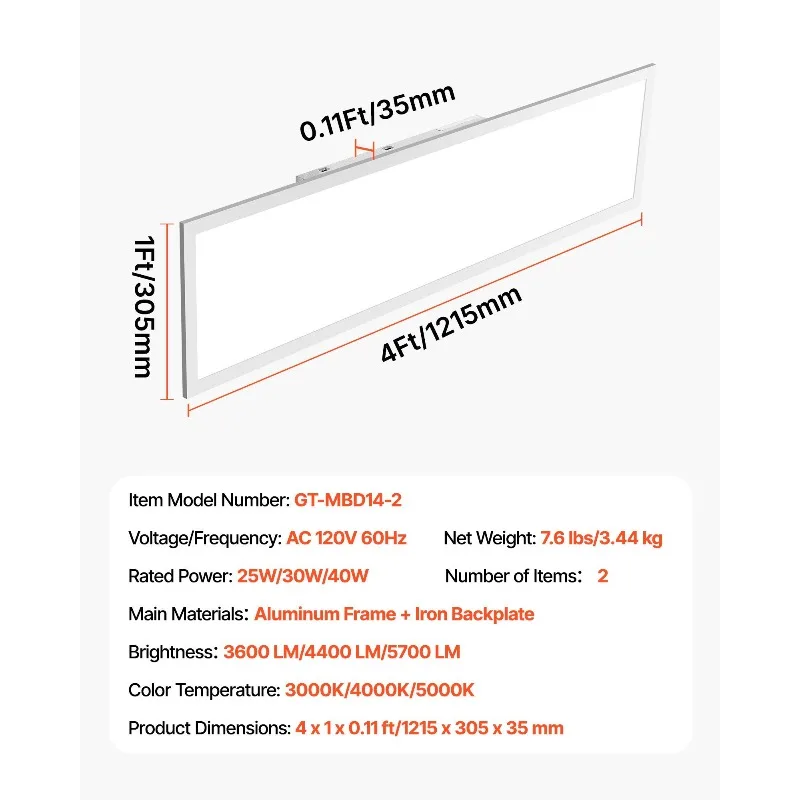 1x4 قدم LED ضوء لوحة مسطحة 5700LM تركيب المصابيح السقف 3000K/4000K/5000K 2 قطعة