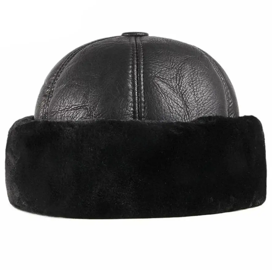 Winter PU Leather Warm Plush Hat Thickened Fur Splicing Leather Hat Retro Waterproof Old Man Hat Plush Warm Snow Windproof Hat