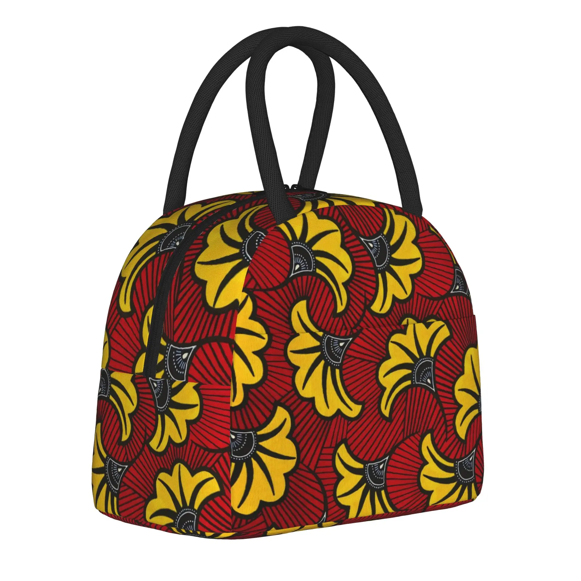 African Ethnic Tribal Ankara Insulated Lunch Tote Bag for School Office Floral Flower Portable Thermal Cooler Washable Bento Bag