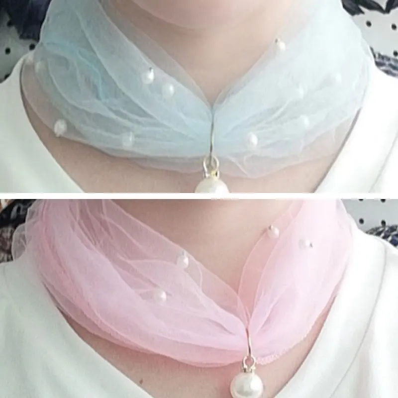 Fashion Solid Color Thin Neck Collar For Women Fake Pearl Pendant Organza Lace Scarf Elegant Female Sunscreen Silk Mesh Scarves