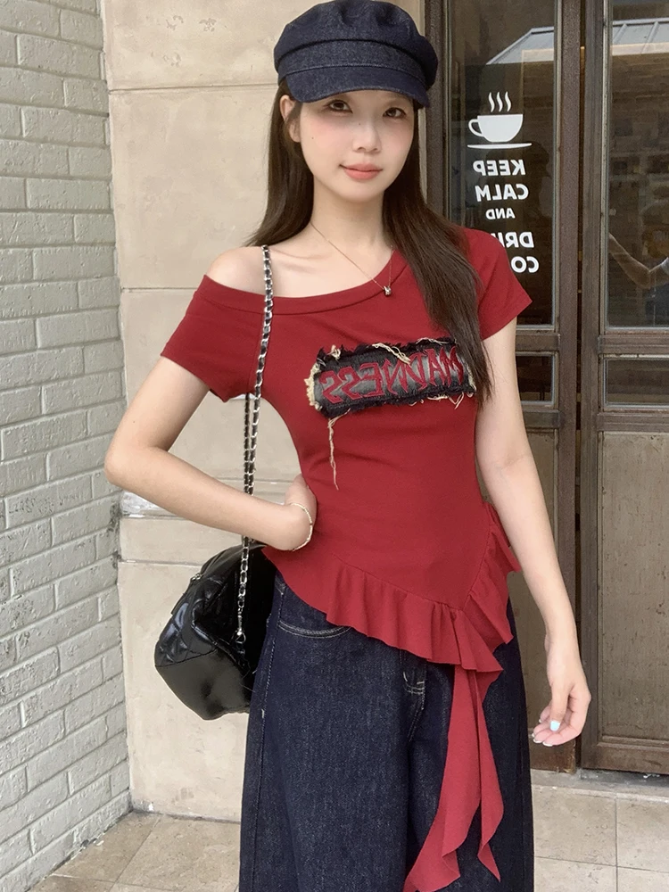 

American Skew Collar Hottie Women T Shirt Letter Irregular Ruffles Solid Sexy Shirt Fashion All Match Slim Asymmetry Female Tops