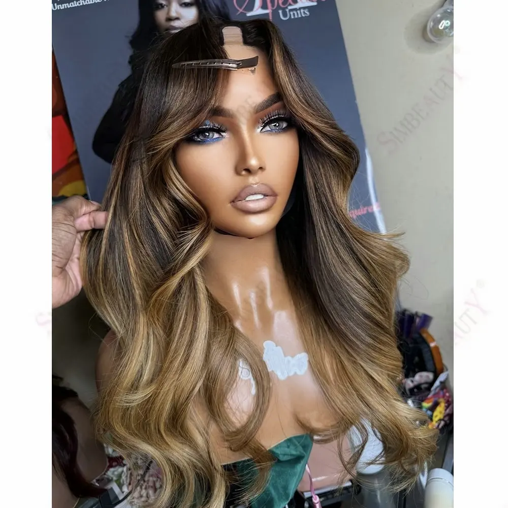 Klebefreie, leicht gewellte, honigbraune Ombre-Perücken mit Highlights, 1x4 U-Part-Perücken aus Echthaar, 180 Dichte, 1x4 Größe, V-Part-Perücken für schwarze Frauen – Detail 1