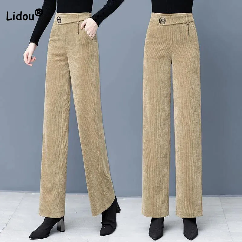 

Loose Straight Fleece Wide Leg Pants Women's Clothing Autumn Winter New Casual Pockets Vintage Solid Color High Waist Trousers