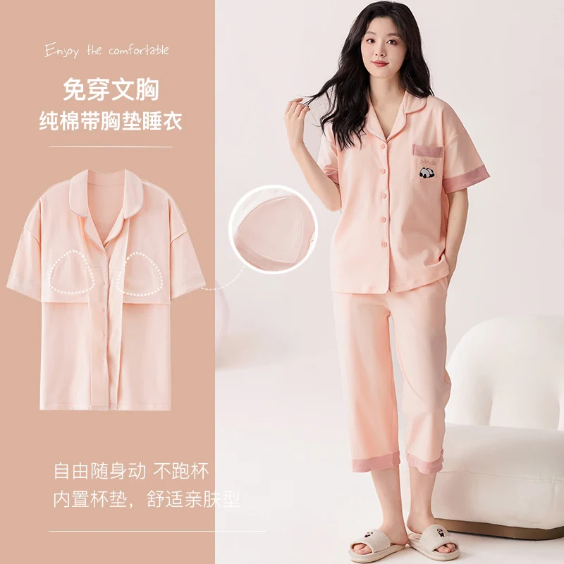 

Summer 100% Cotton Women Pajamas Set Cute Cartoon Female Sleepwear Short Sleeve Turn-down Collar With Chest Pad Femme Pyjamas