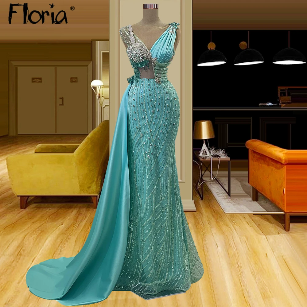 

Green V Neck Side Train Beautiful Evening Dress Custom Made Arabic Women Wedding Party Gowns Luxury Celebrity Gown Prom Dress