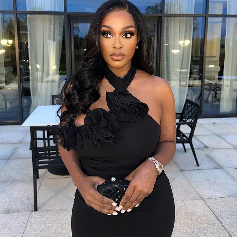 Femmes mode 3D Floral Sexy dos nu Maxi Robe solide à lacets sans manches robes moulantes vacances d'été plage fête Club Robe