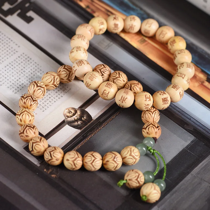 Chinese Style Lucky Boxwood Carved Lotus Prayer Beads Bracelet Unisex Blessing Good Fortune Bring Wealth Meditation Mala Wrist