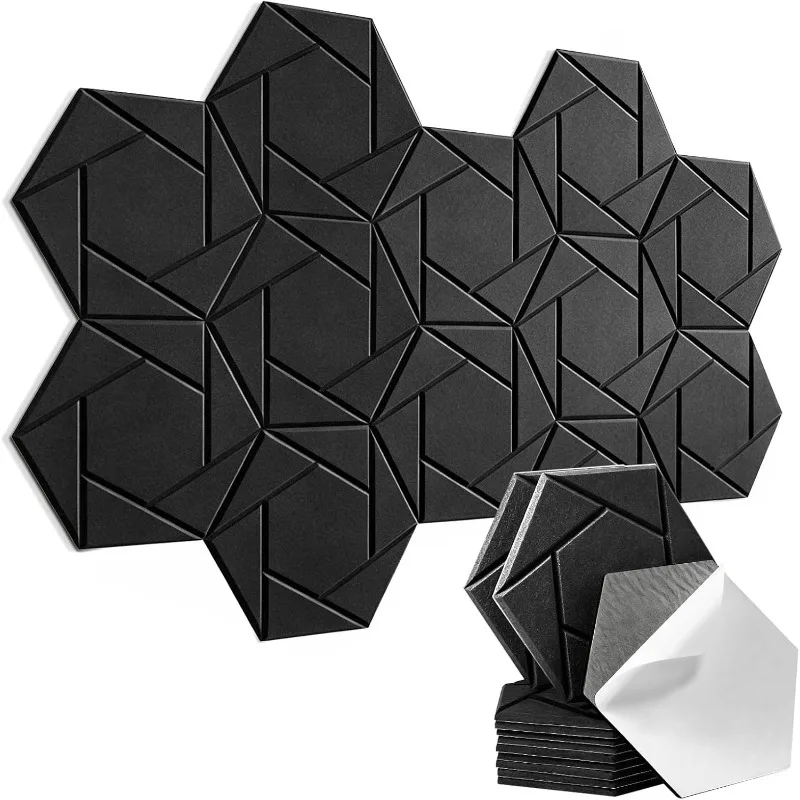 Self‑Adhesive Black Hexagonal Felt Acoustic Wall Panels High Density Sound Proof Noise Dampening Panels for Podcast Room Wall